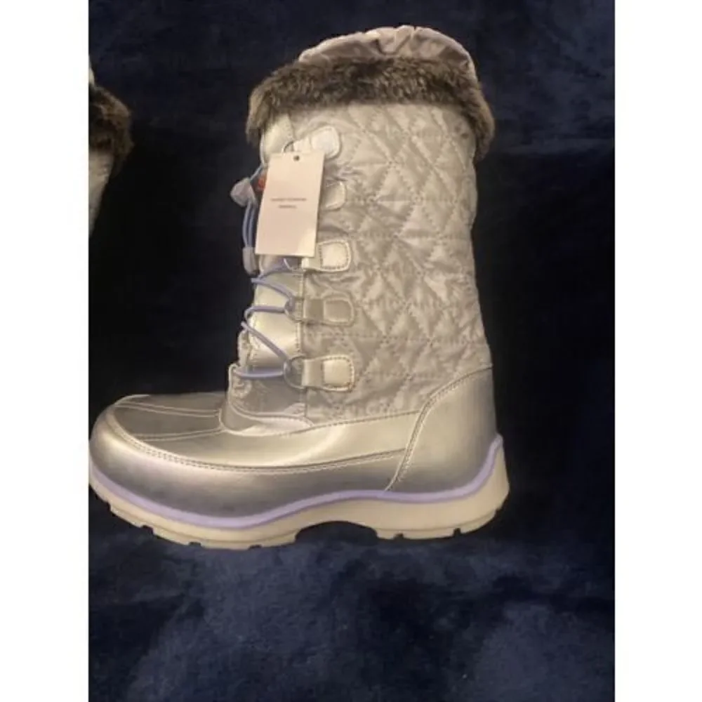 Lands end winter snow boots warm silver faux fresistent women Size 4
